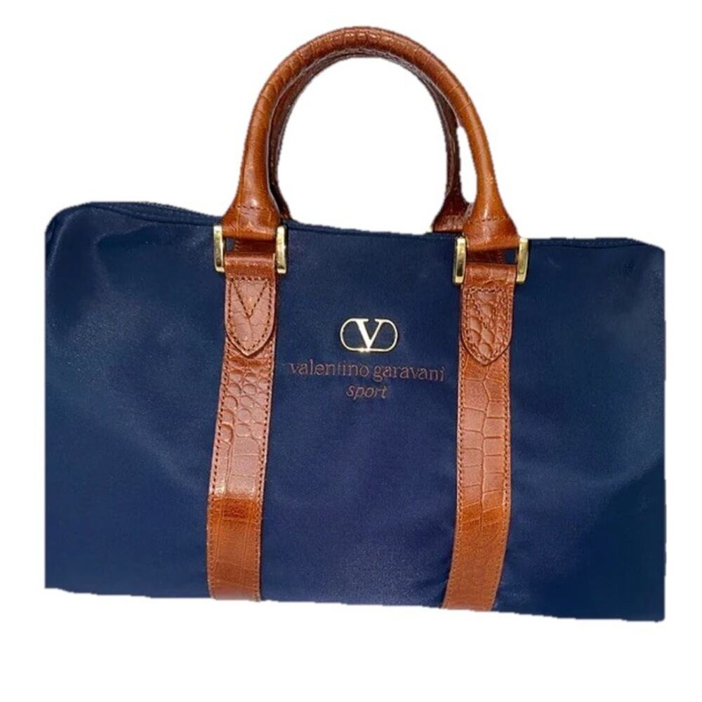 VTG Valentino Garavani Large Navy Boston Duffle Leather LogoEmbroidery- New